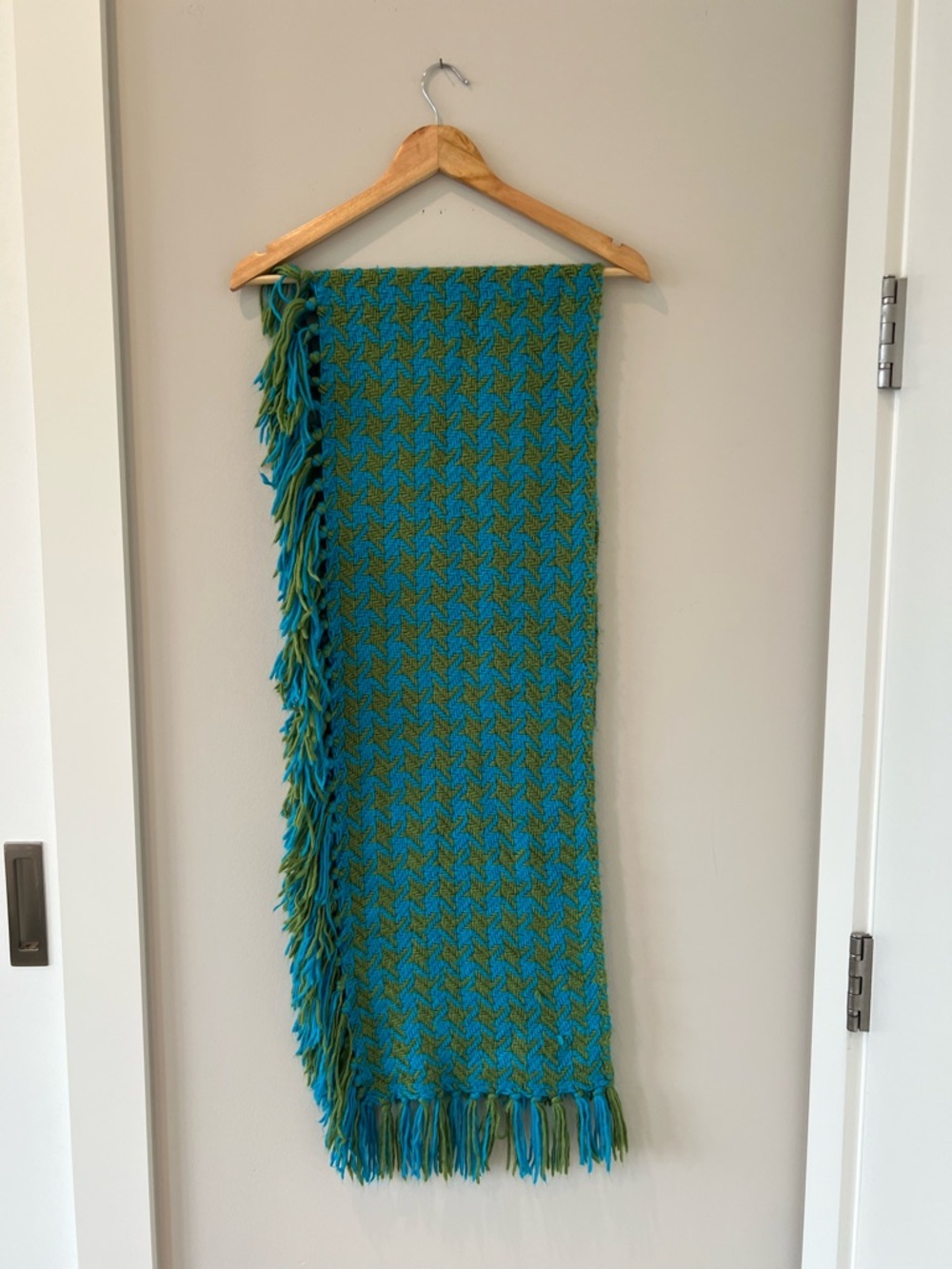 Anthropologie XL Teal & Olive Green Fringed Knit Scarf